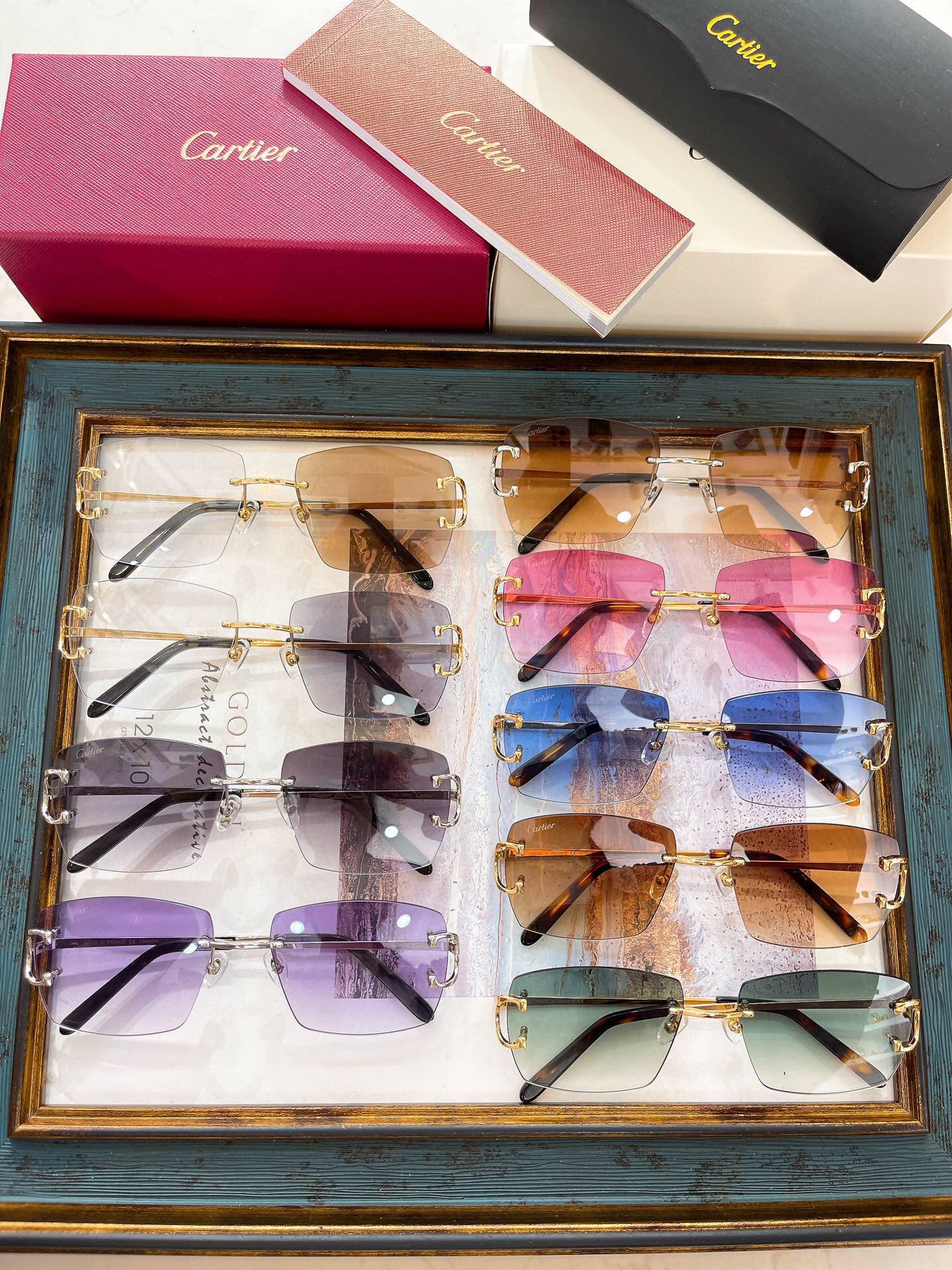 Cartier Sunglasses Rectangle Diamond Gold Frame